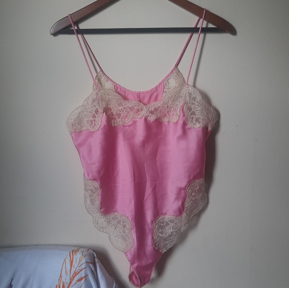 VTG 80s Victoria's Secret Teddy Nightie Lingeie Bodysuit Medium Pink chemise - Picture 2 of 8
